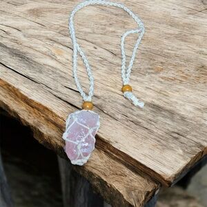 Raw Rose Quartz White Rope Wrapped Necklace